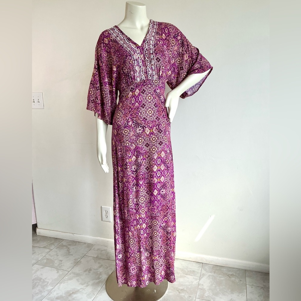 En Crème S Boho Purple Printed Maxi Dress Open Back Flutter Sleeve Slit Dress